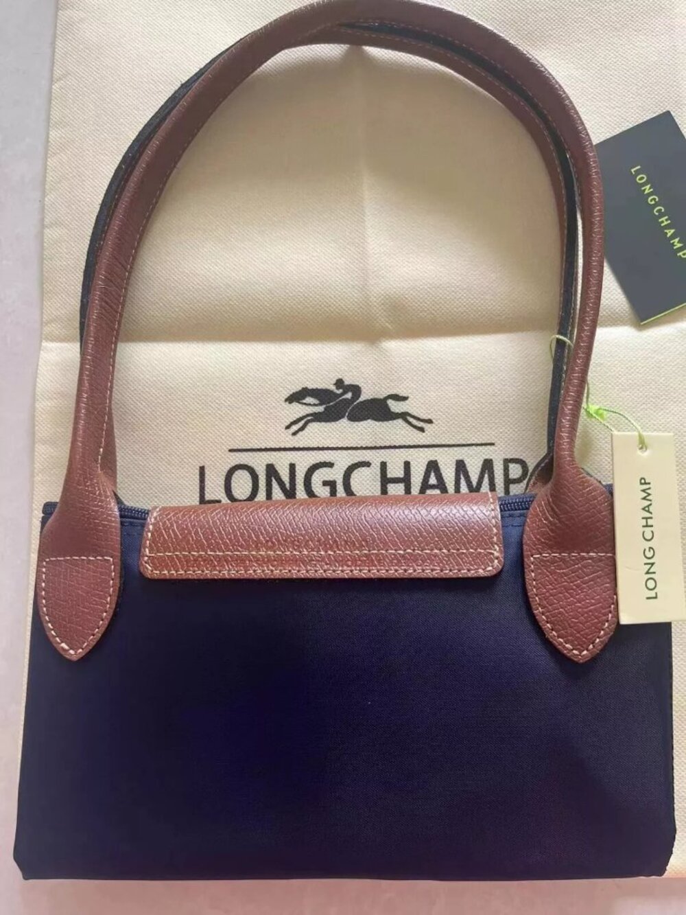 Longchamp Navy Blue Nylon Tote with Brown Leather Trim - Picture 4 of 10